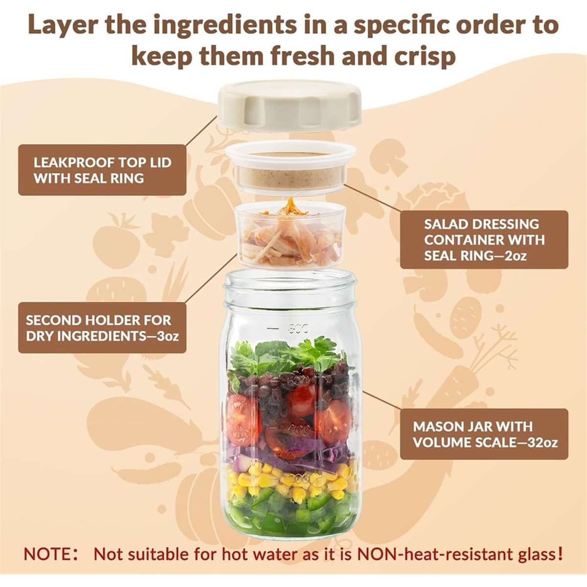 Meal Prep Glass - A67T NIEUW 4-pack glazen saladepotten met